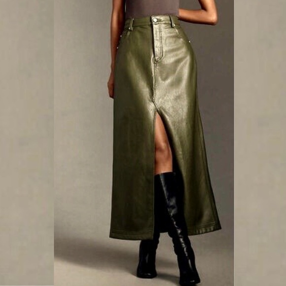 ANTHROPOLOGIE The Madi Faux Leather Front-Slit Denim Skirt by Pilcro - Picture 2 of 6